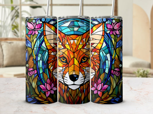 Triptych of a fox's face surrounded by stained-glass style flowers and geometric patterns.