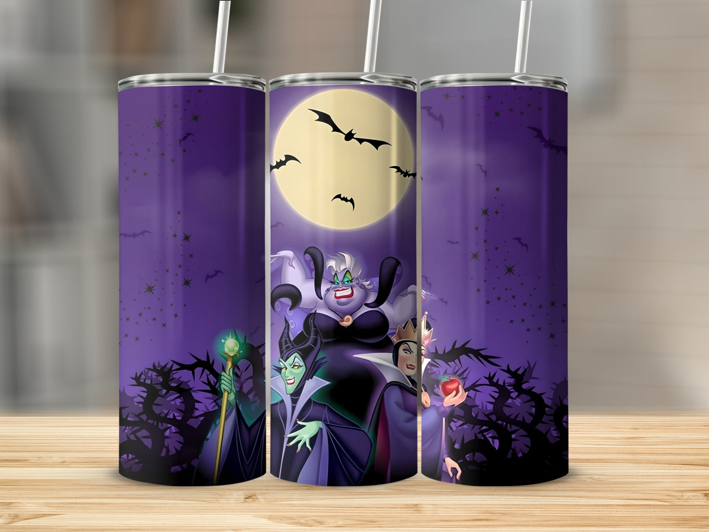 Halloween Villains Theme Purple Tumbler with Straw