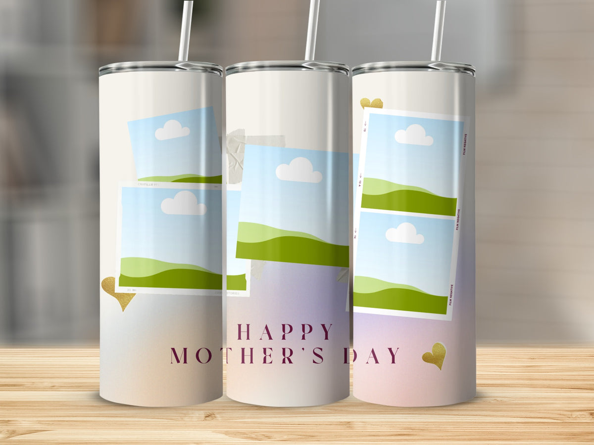 Tumblers with "Happy Mother's Day" text and photo frames on wood surface.