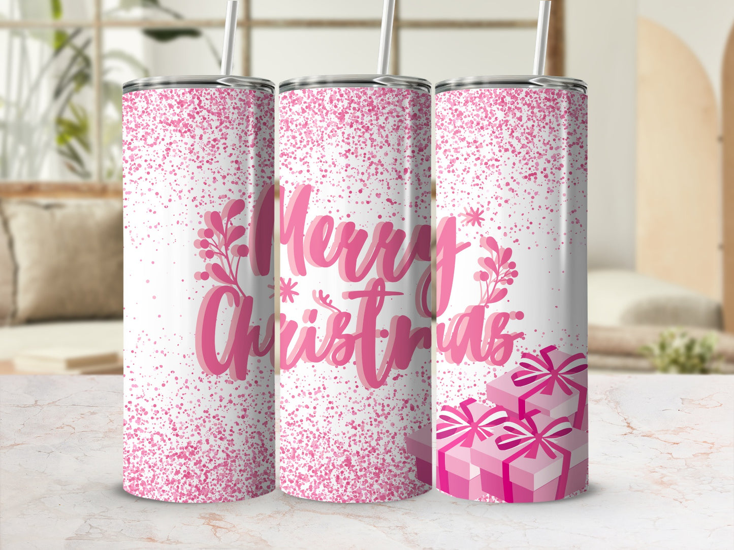 Merry Christmas Pink Sparkle Design Tumbler