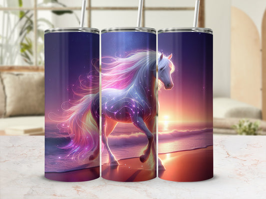 Fantasy horse running on a beach with starry mane and glowing body.
