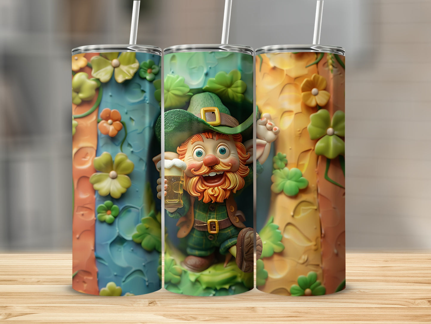 Leprechaun holding a beer, surrounded by floral patterns.
