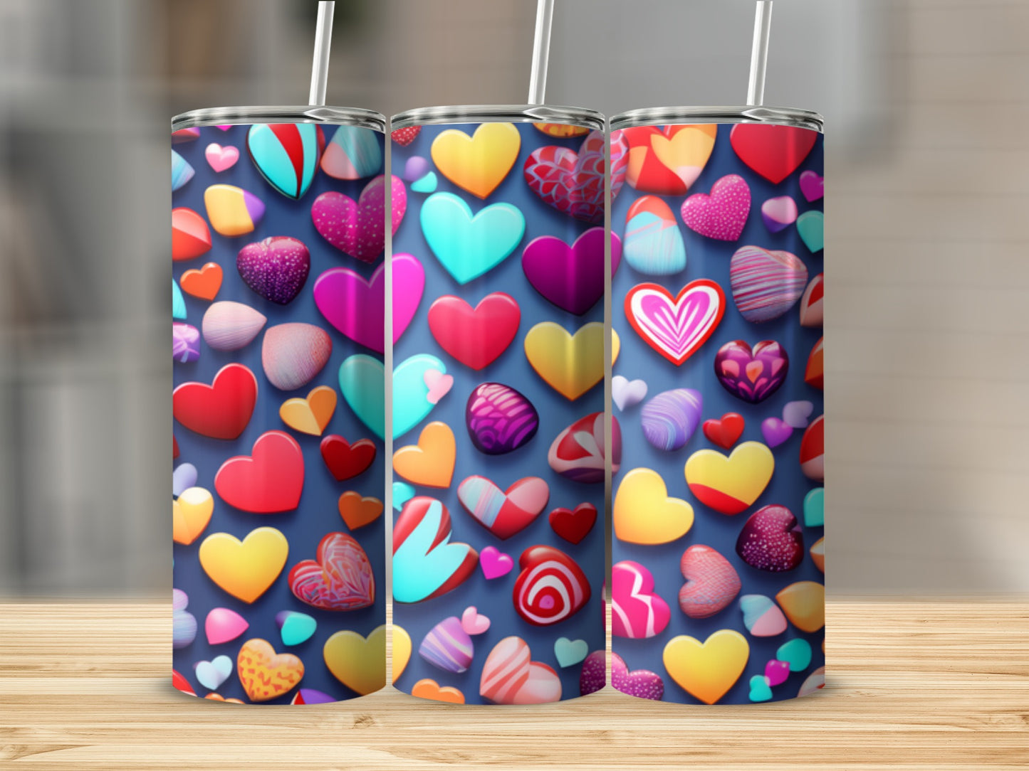 Three tumblers with a colorful heart pattern on a wooden surface.