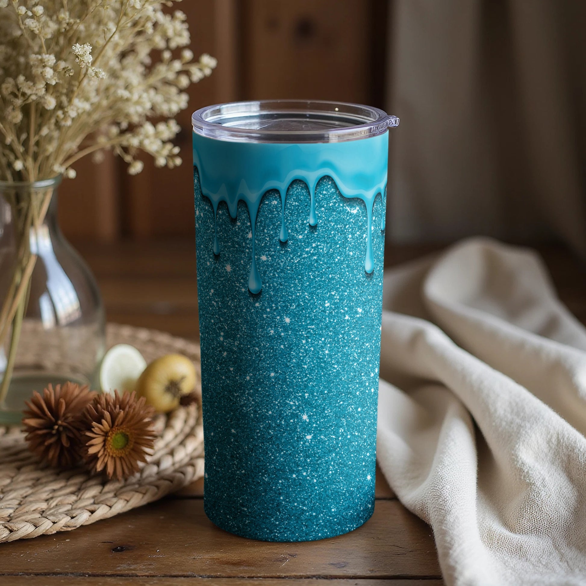 Sparkling Blue Glitter Drip Design Tumbler Cup