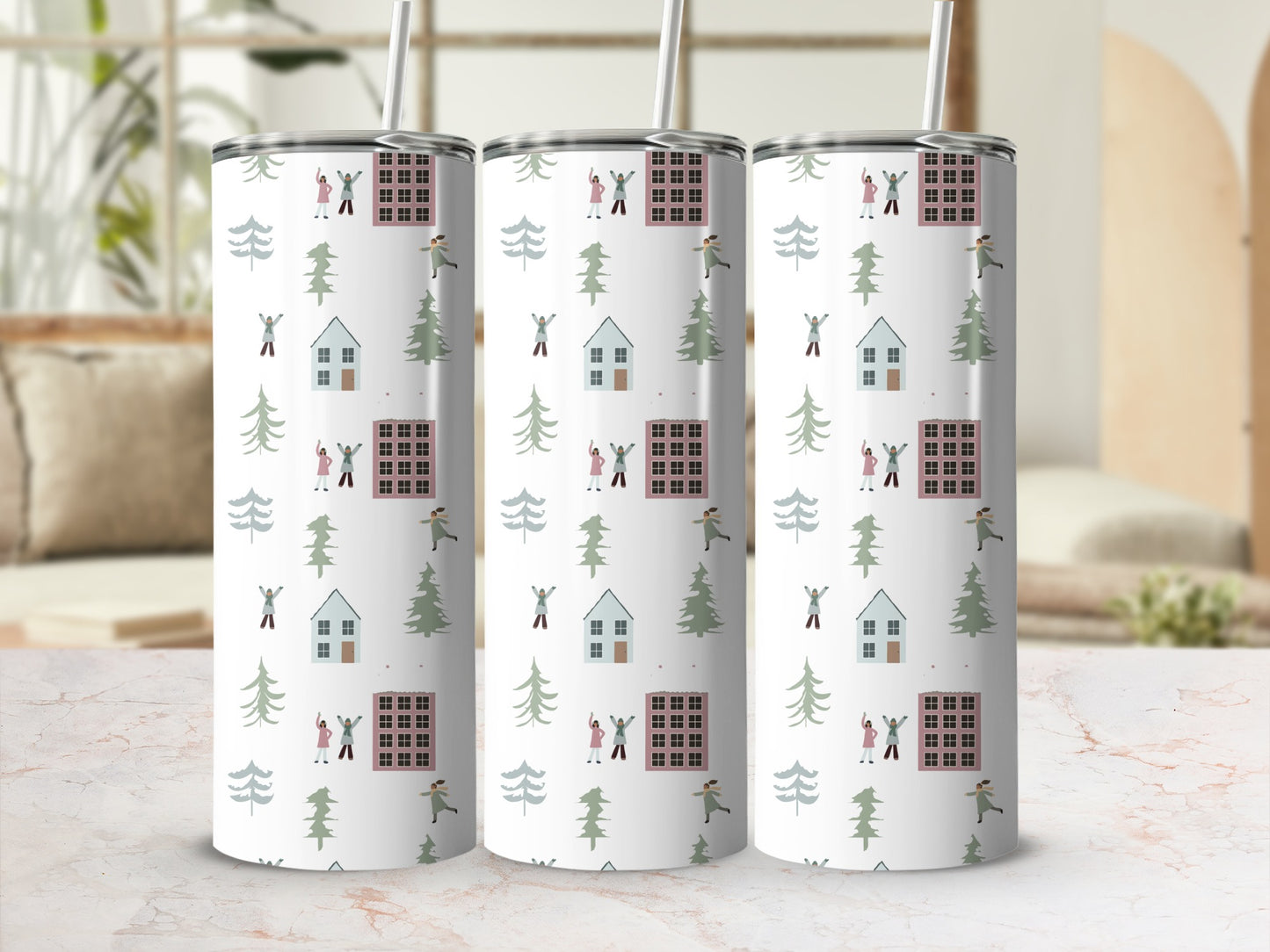 Three tumblers with a Christmas village and trees pattern.