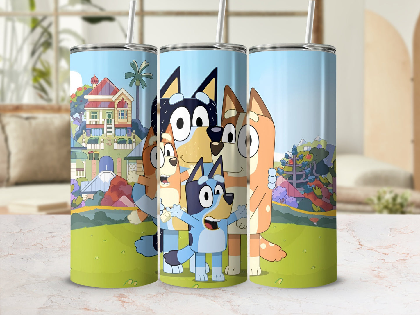 Bluey, Bingo, Bandit, and Chilli Heeler family on a colorful cartoon tumbler.