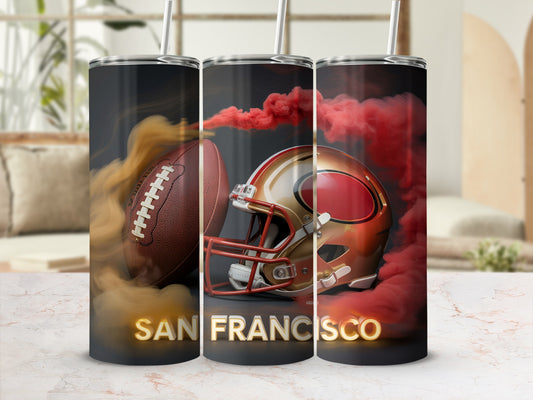 San Francisco 49ers football helmet and ball surrounded by smoke.