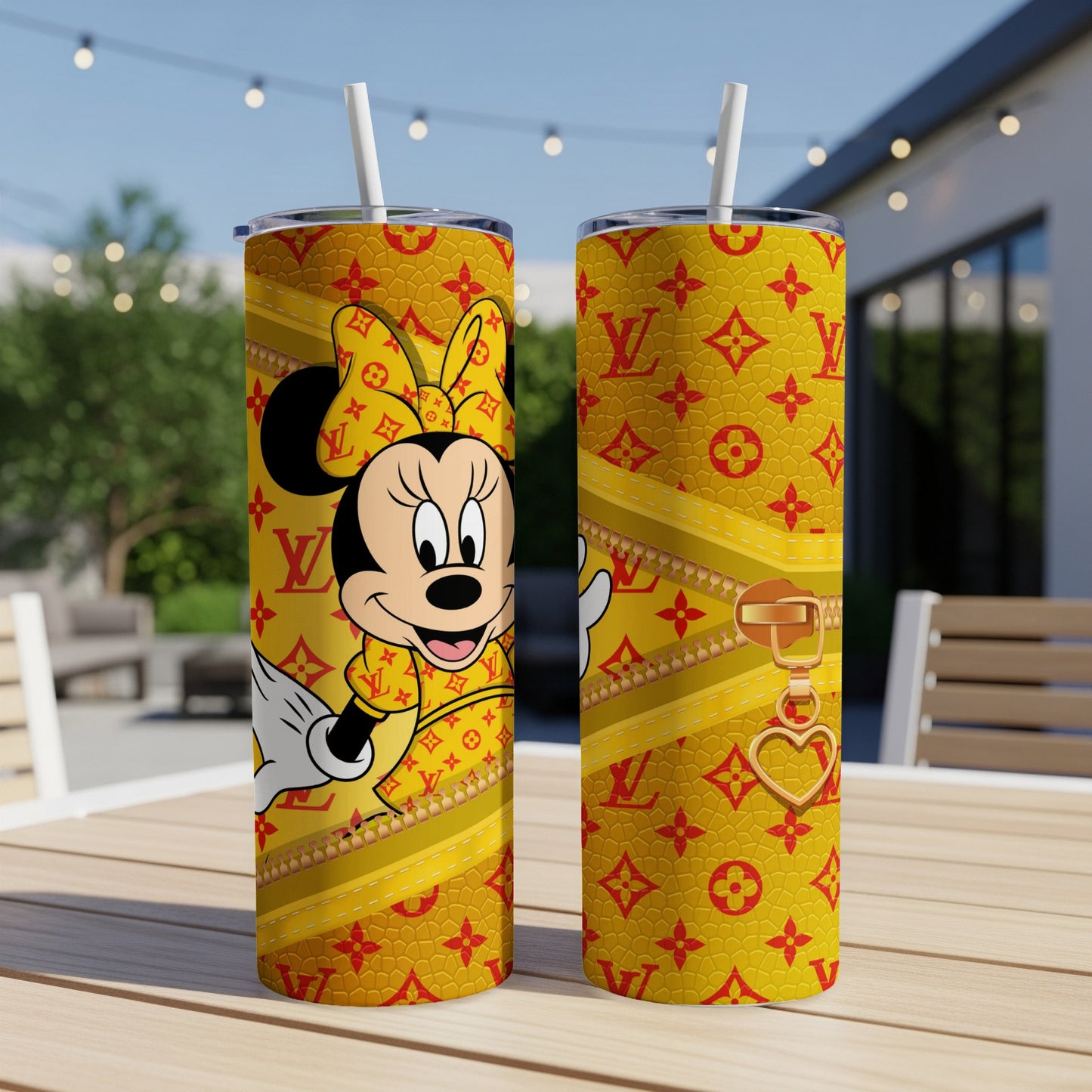 Minnie Mouse on yellow LV pattern tumbler with gold zipper and heart charm.