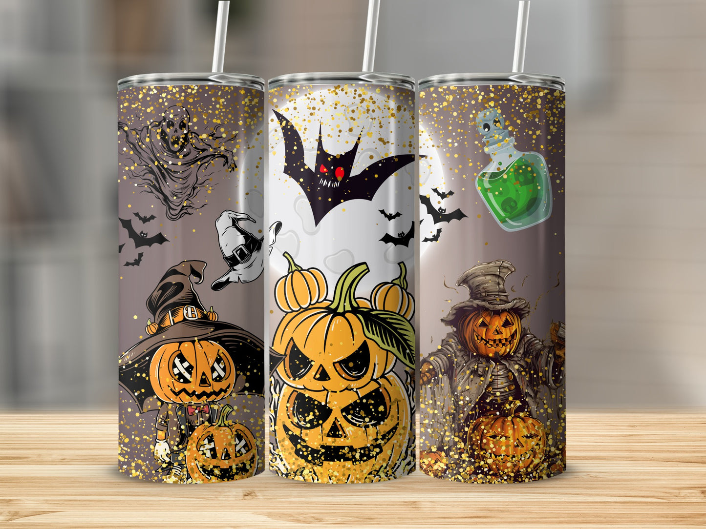 Spooky Halloween Themed Tumblers with Ghosts and Bats