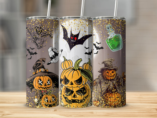 Spooky Halloween Themed Tumblers with Ghosts and Bats
