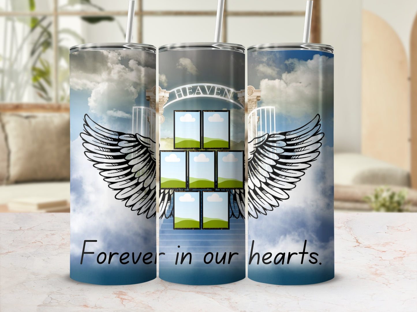 "Heaven" arch, wings, and "Forever in our hearts" text on a tumbler.