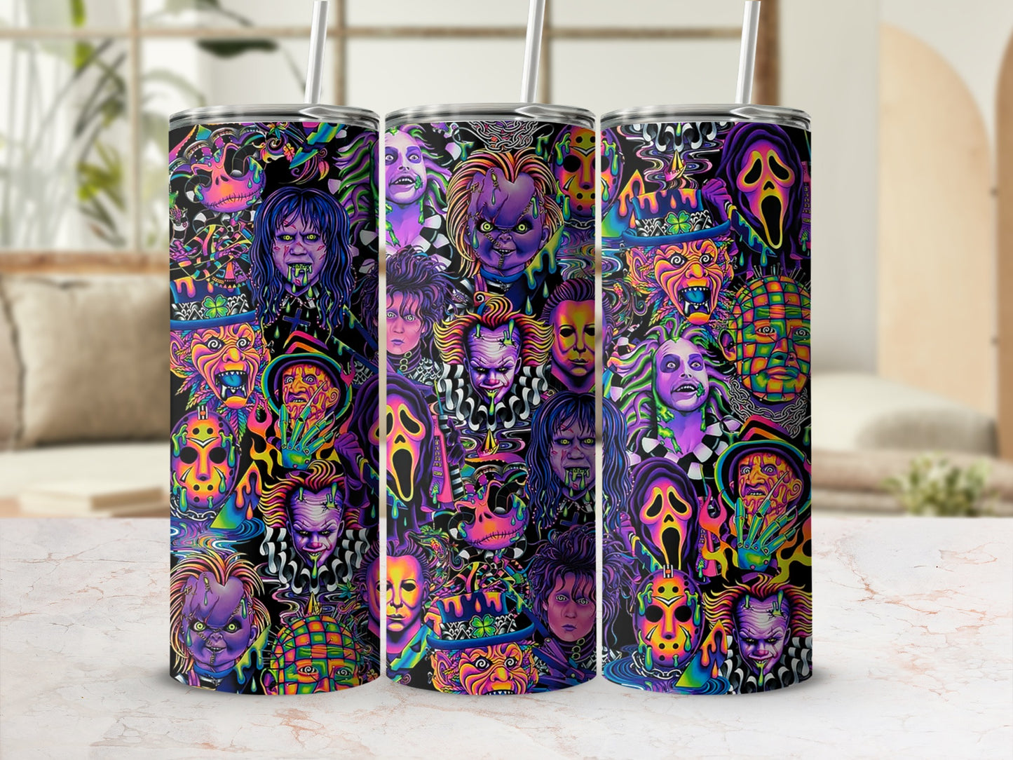 Three tumblers with colorful horror movie character collage pattern.