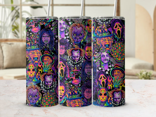 Three tumblers with colorful horror movie character collage pattern.