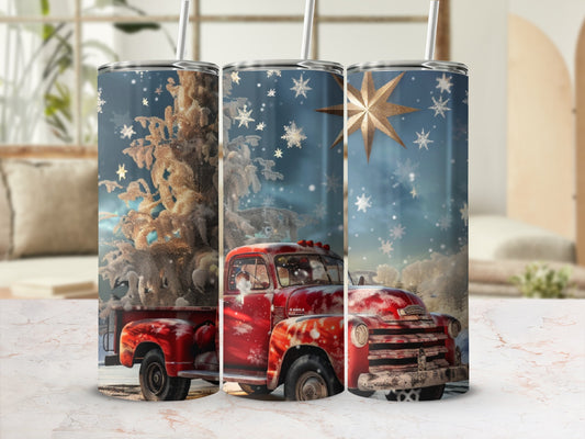 Vintage red truck in snow with festive tree and stars.