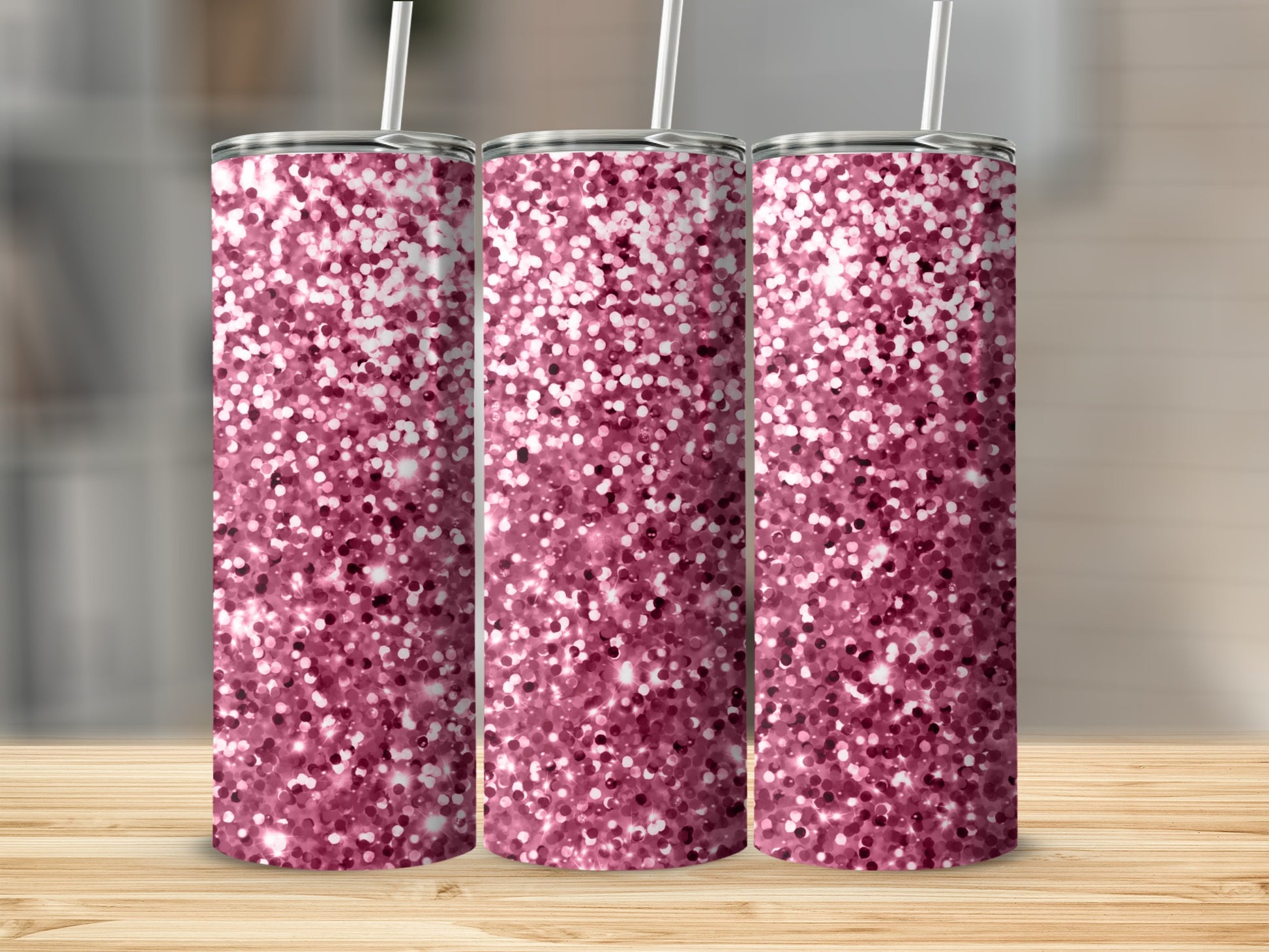 Sparkling Pink and White Tumbler with Straw