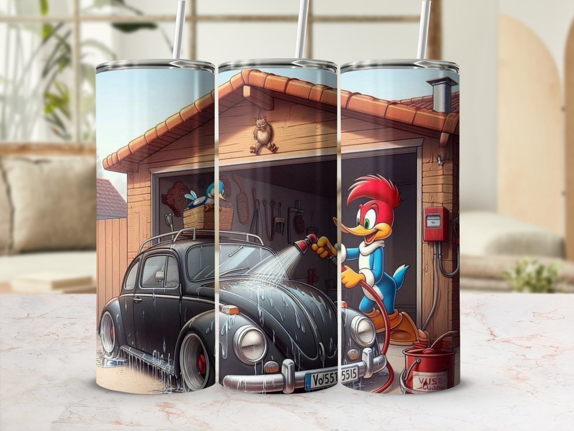 Woodpecker with Vintage Car Garage Scene tumbler