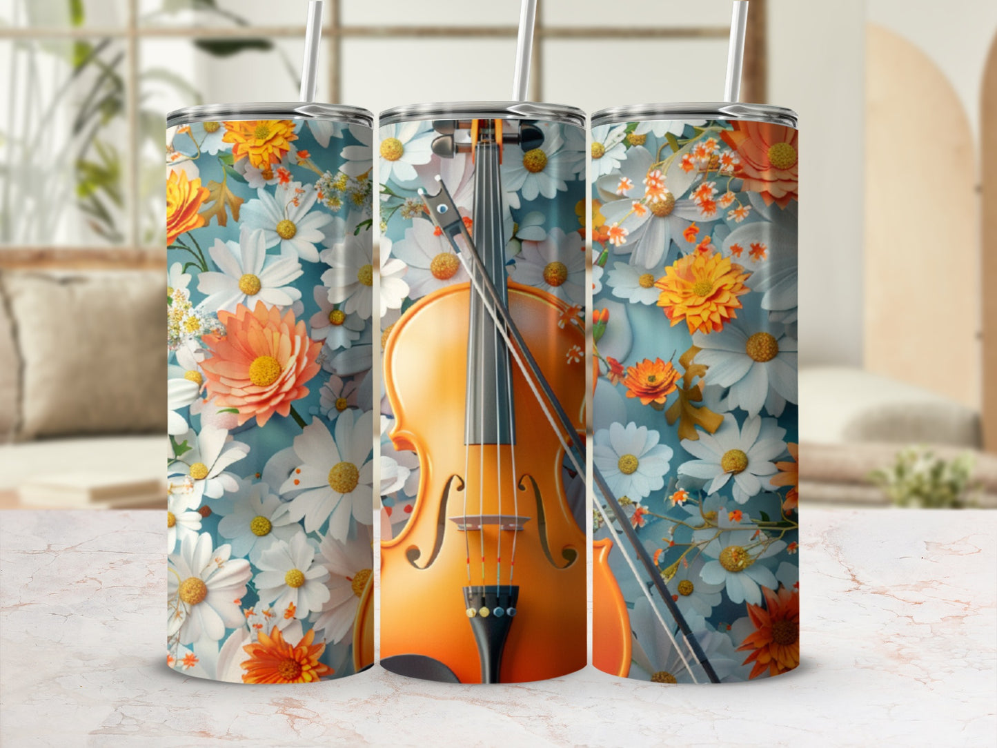 Orange violin with floral pattern on a white background.