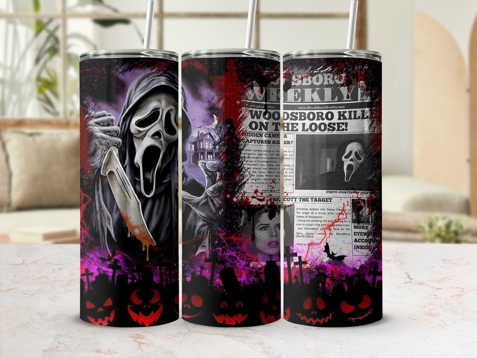 Tumbler with Ghostface, newspaper headlines, and pumpkins.
