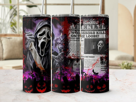 Tumbler with Ghostface, newspaper headlines, and pumpkins.