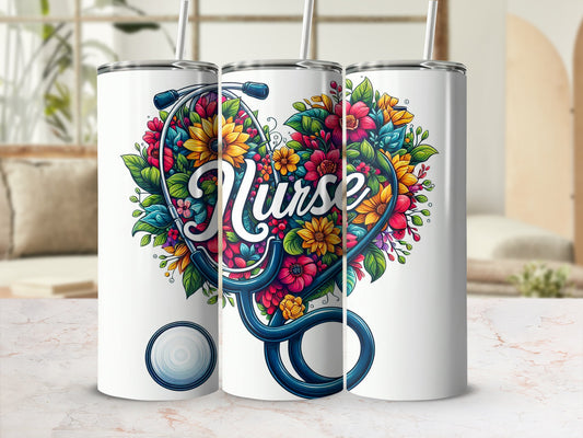 Stethoscope shaped as a heart with flowers and the word "Nurse".