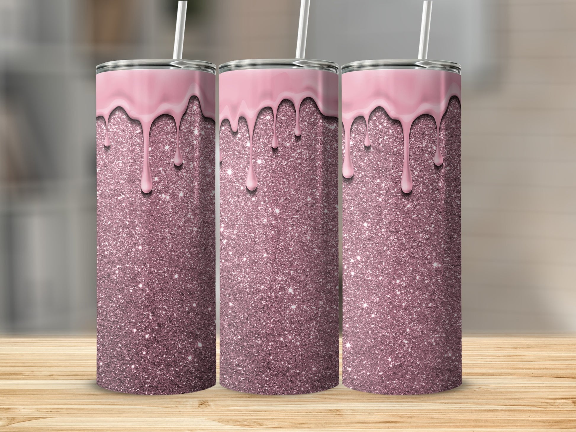 Pink Glitter Dripping Tumbler with Straw 20oz Cup