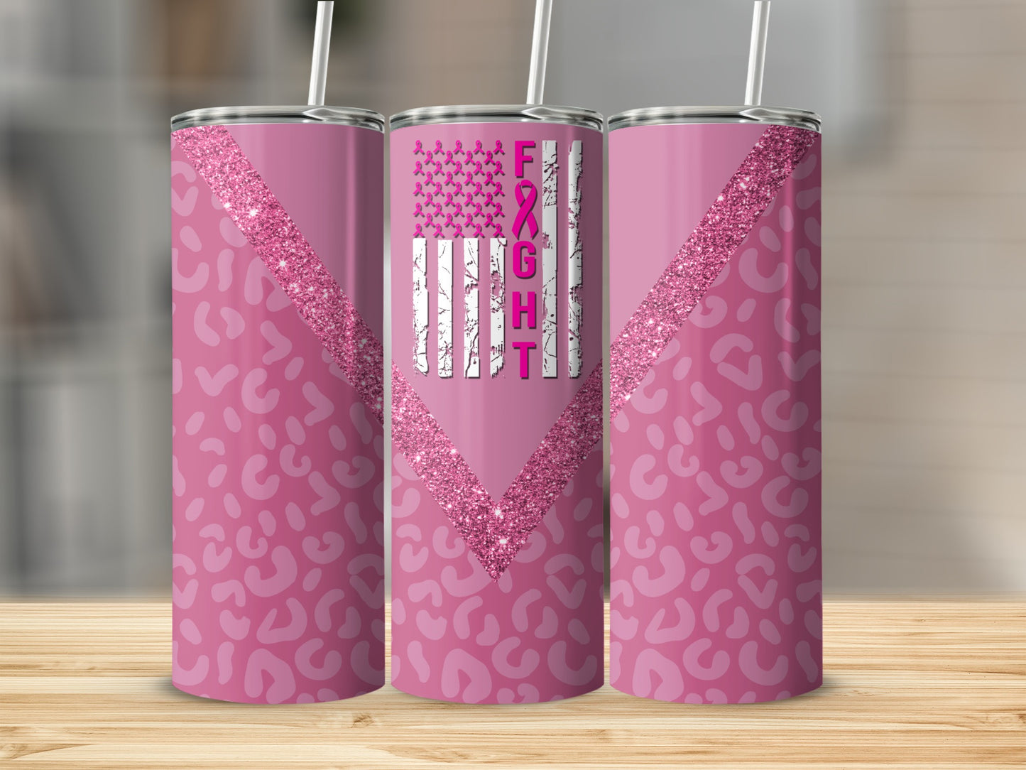 Pink tumbler with leopard print, glitter, and "FIGHT" text on American flag.