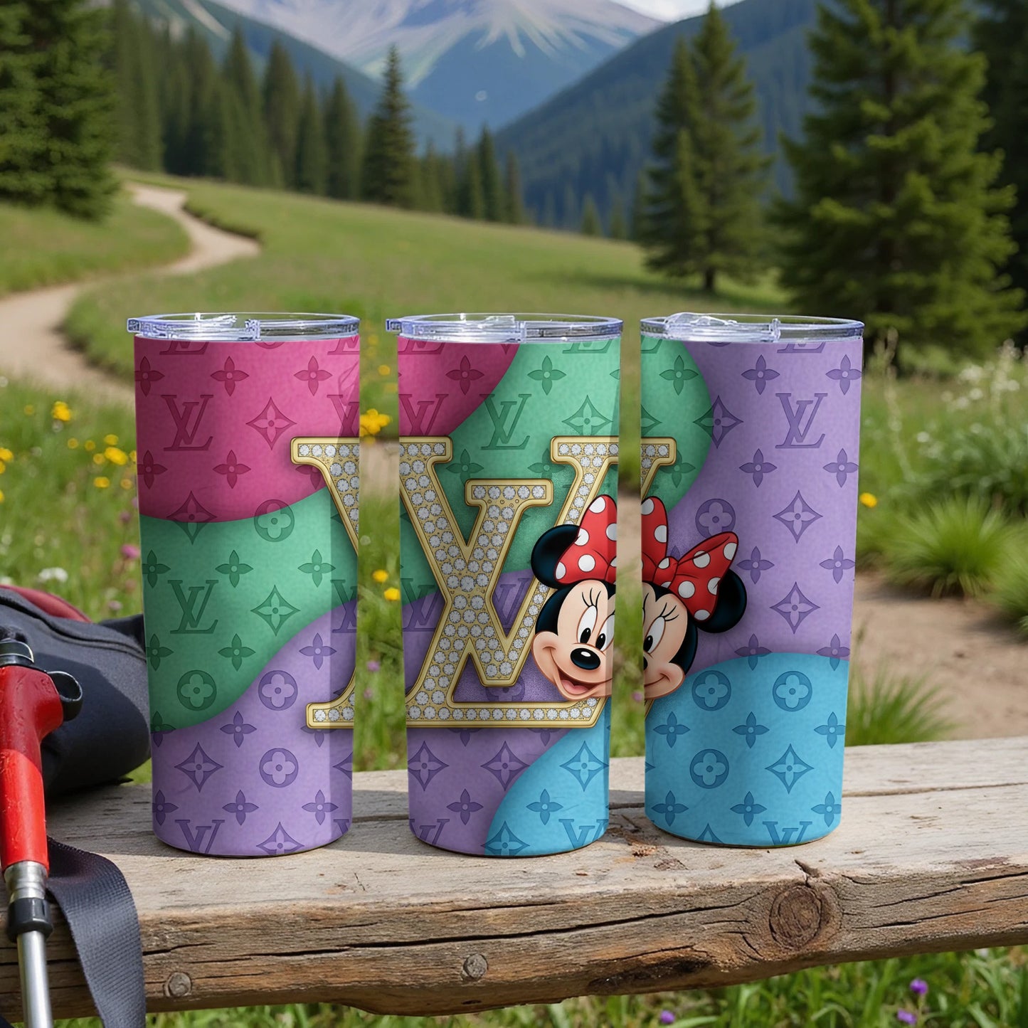 Colorful LV and Minnie Mouse Tumbler with Floral Patterns