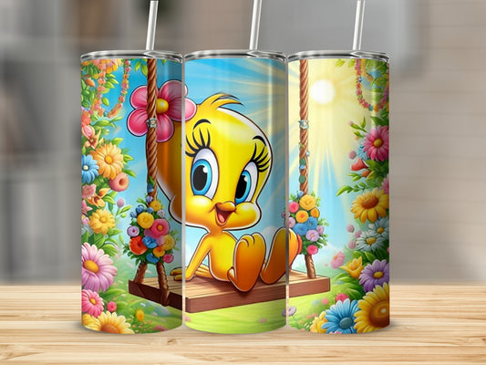 Cute Animated Bird with Colorful Floral Design Tumbler