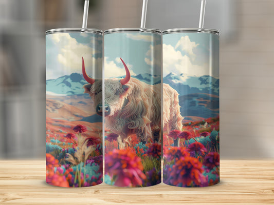 Tall tumbler with fluffy white Highland cow and colorful wildflowers.
