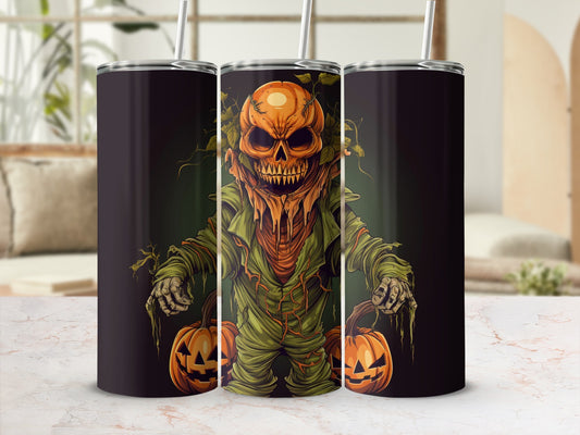 Three tumblers featuring a creepy pumpkin-headed scarecrow holding jack-o'-lanterns.