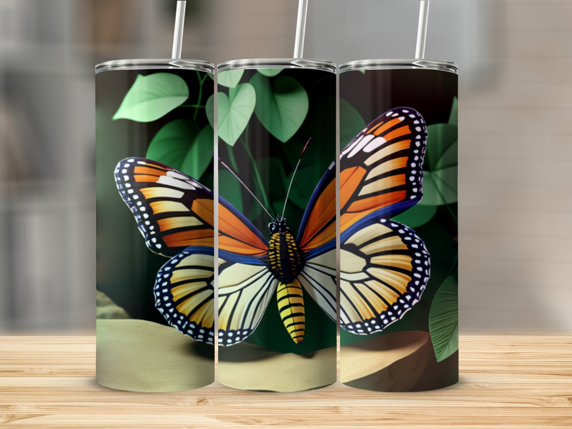 Tall tumbler with monarch butterfly and green leaves design.