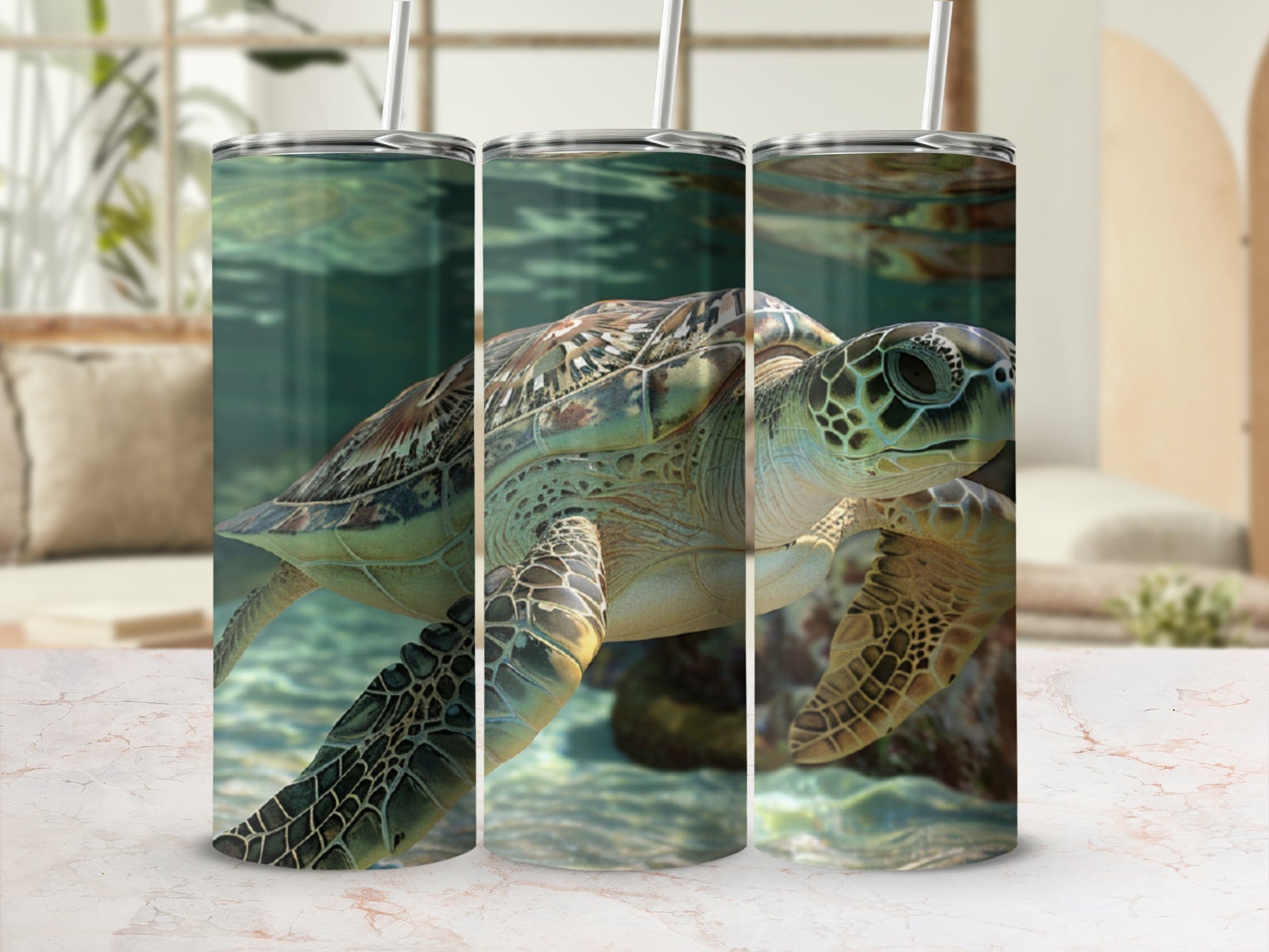 Sea turtle swimming underwater with sunlight filtering through.
