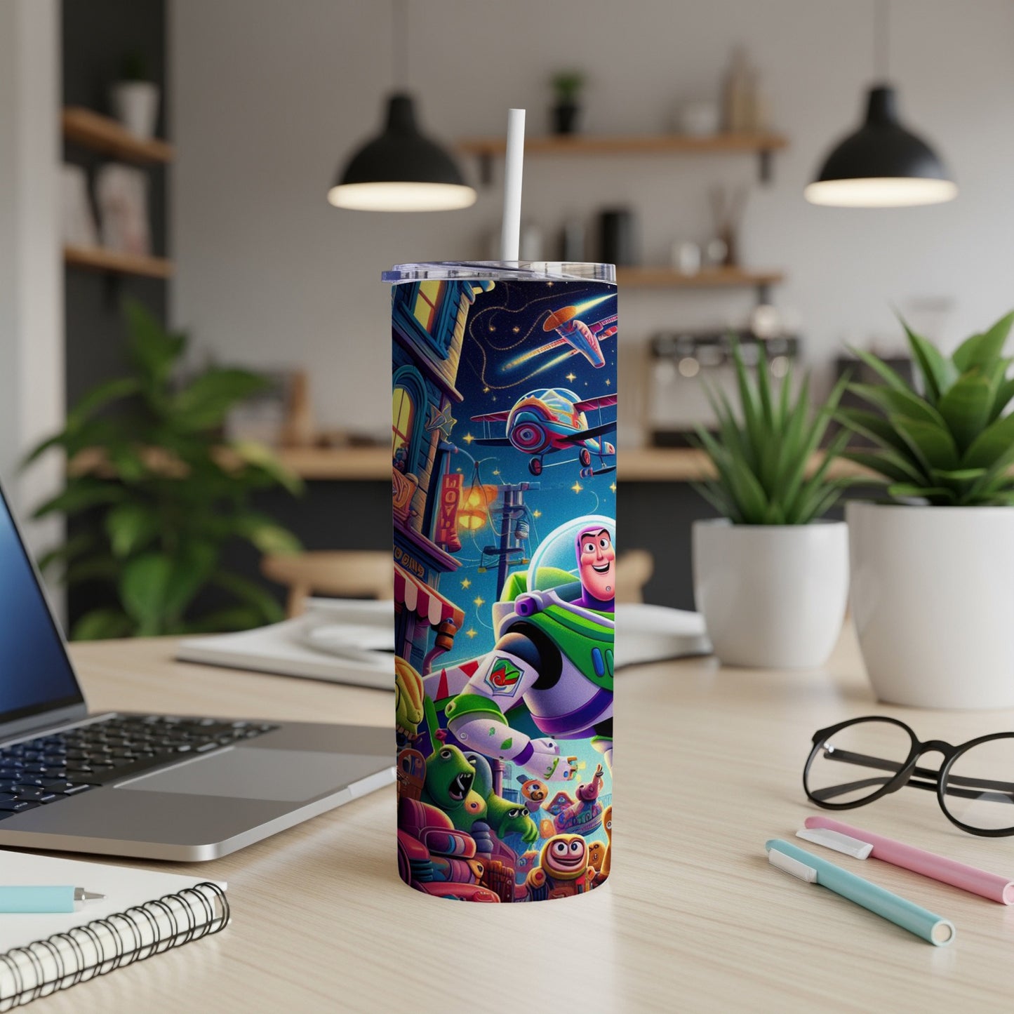 Buzz Lightyear and Toy Story characters on a colorful tumbler.