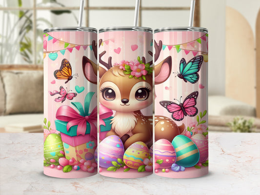 Cute deer with Easter eggs, butterflies, and pink ribbon background.