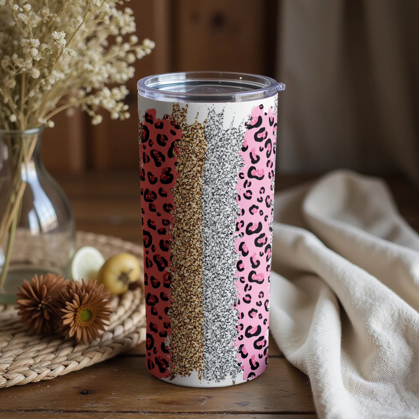 Glitter Leopard Stripe Insulated Tumbler Cup