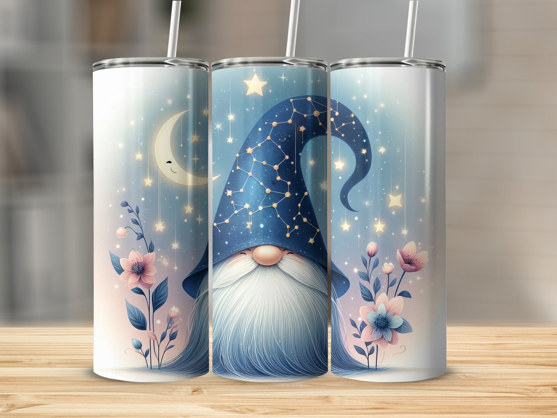 Gnome with starry blue hat, moon, and flowers on a tumbler.