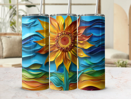 Tall tumbler with a vibrant sunflower design and wavy blue and yellow background.