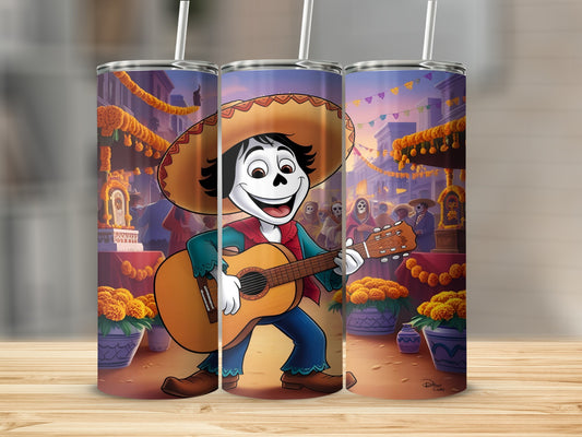Skeleton musician wearing a sombrero plays a guitar on a colorful street.