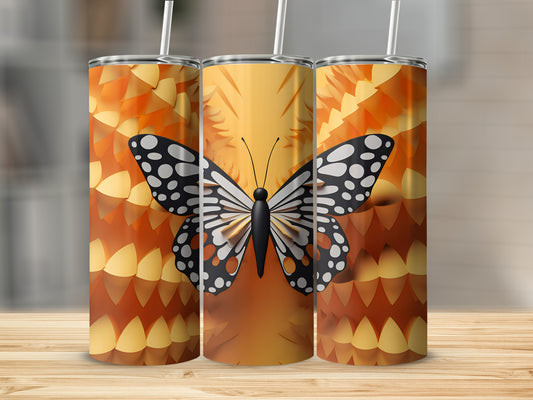 Three tumblers with a black and white butterfly and orange scale pattern.