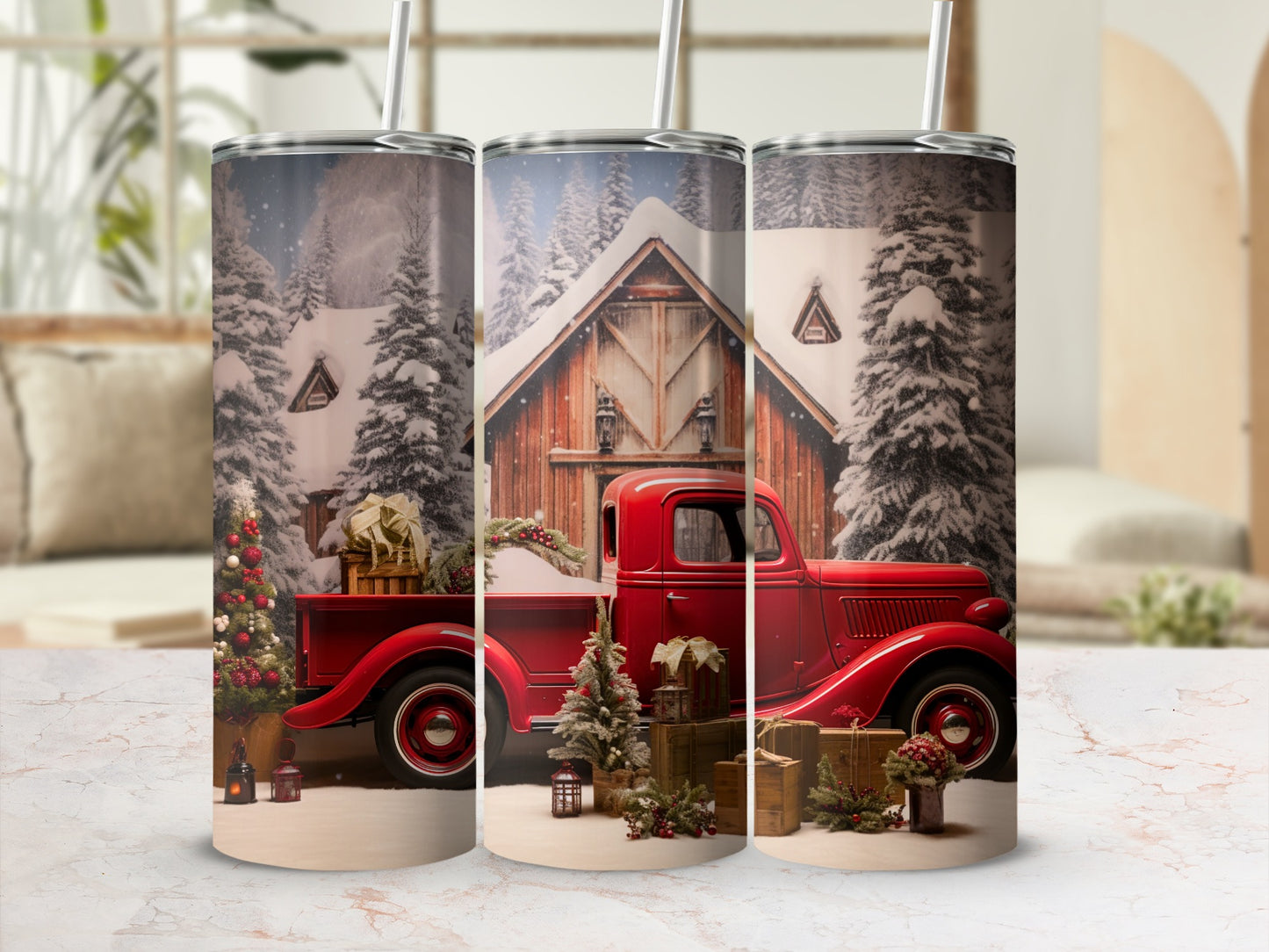 Vintage Red Truck Rustic Winter Christmas Scene tumbler