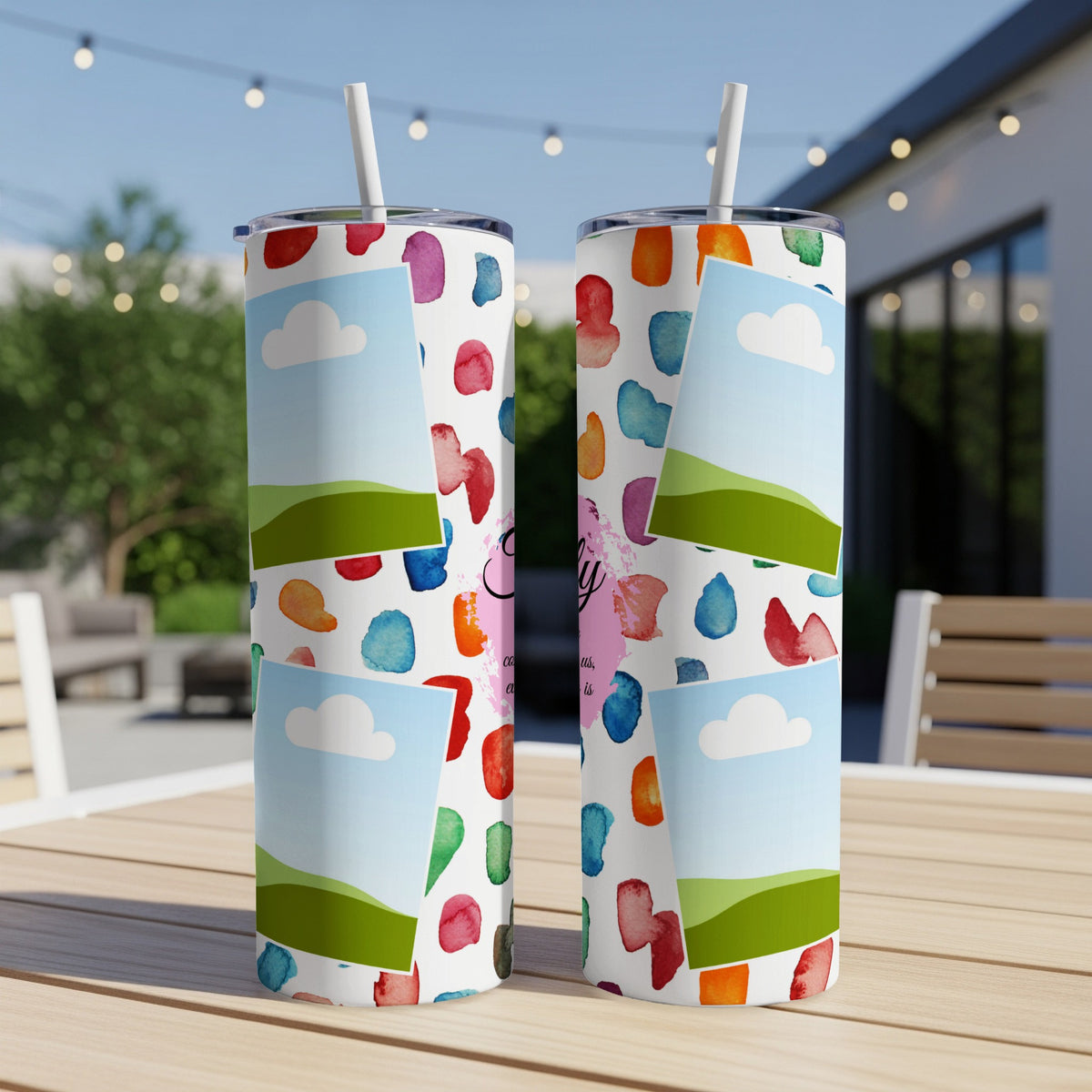 Two tumblers with a colorful watercolor dot pattern and photo frames.