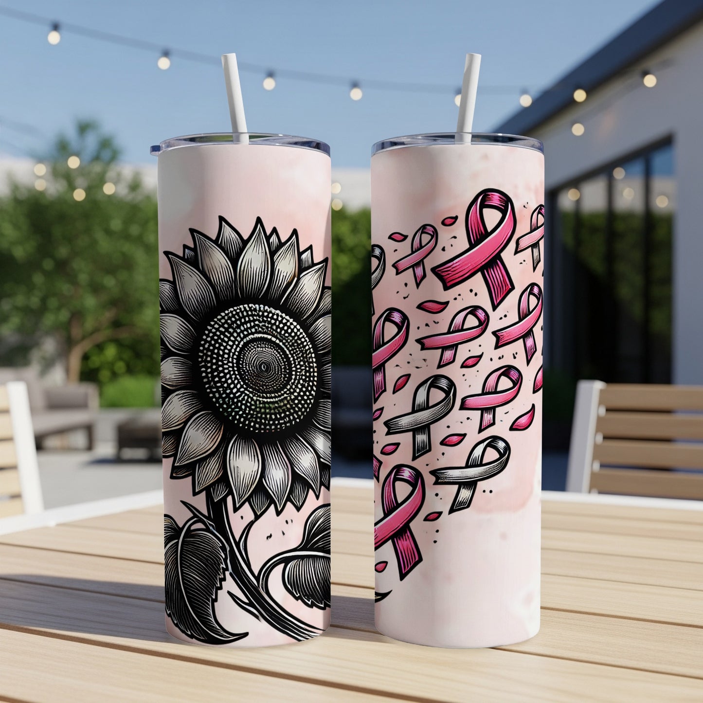Two tall tumblers, one with sunflower, one with pink ribbons.