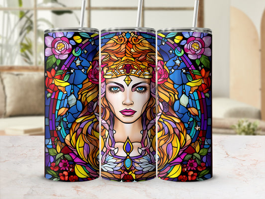Three tumblers featuring a vibrant stained glass mosaic of a crowned woman's face.