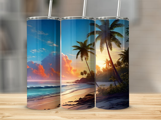 Three tumblers display a tropical beach sunset with palm trees and ocean waves.