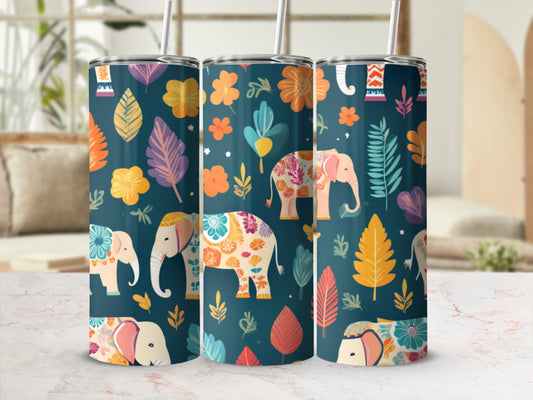 Colorful elephants and floral patterns on a dark blue tumbler.