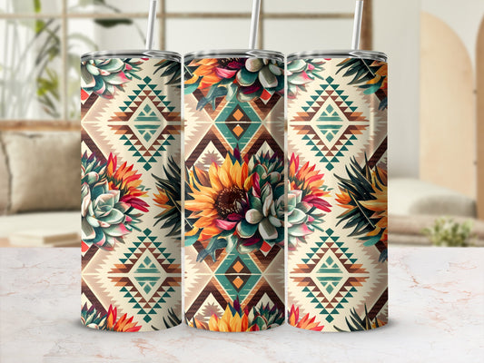 Three patterned tumblers with sunflower and succulent designs.