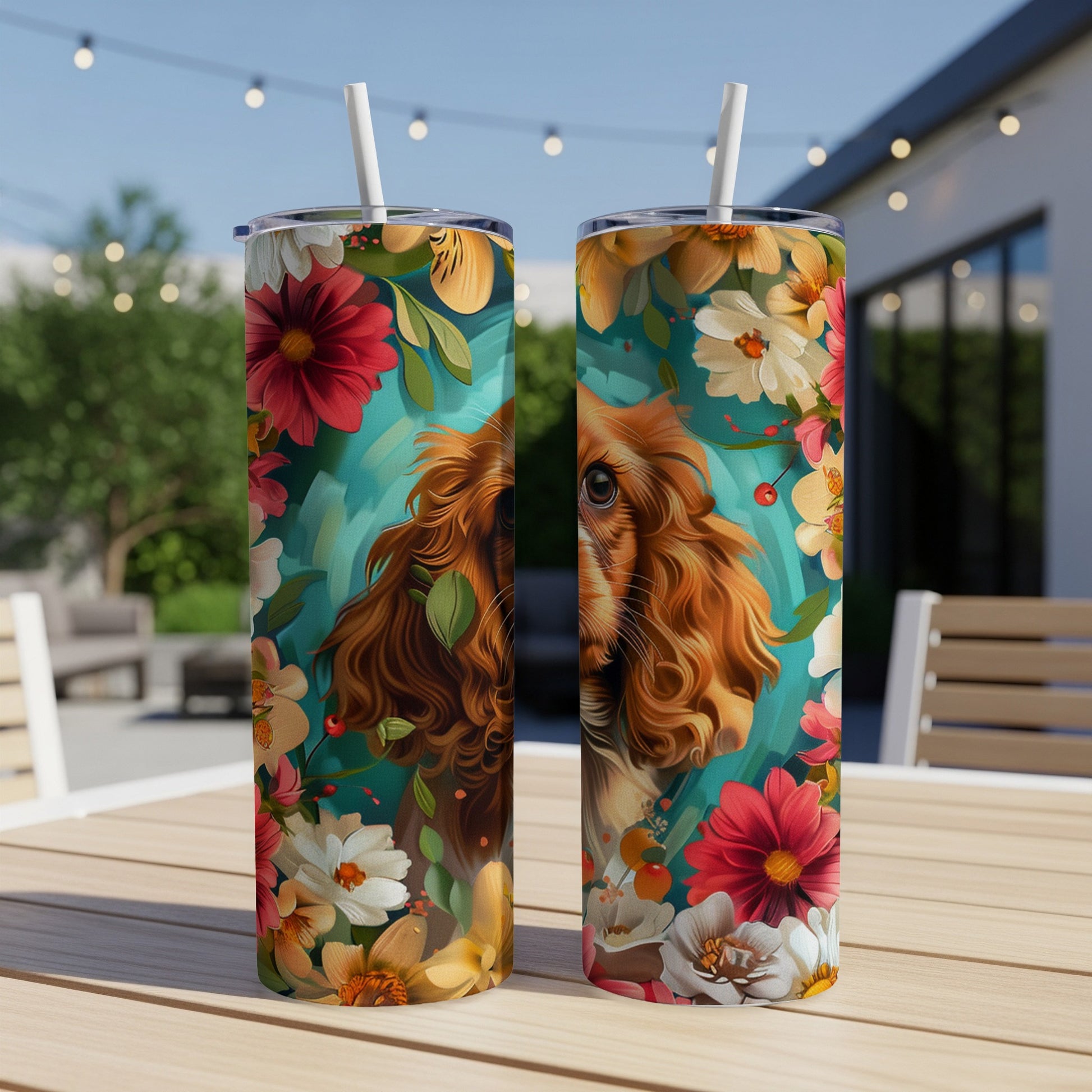Two tumblers with dog and floral art on a wooden table.