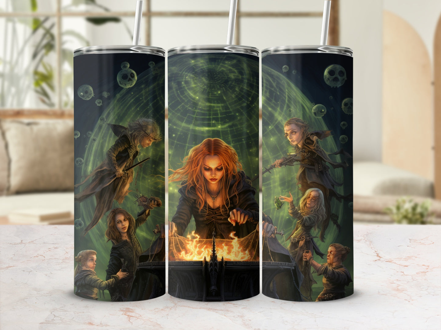 Trio of witches performing a ritual with a cauldron and glowing green orb.