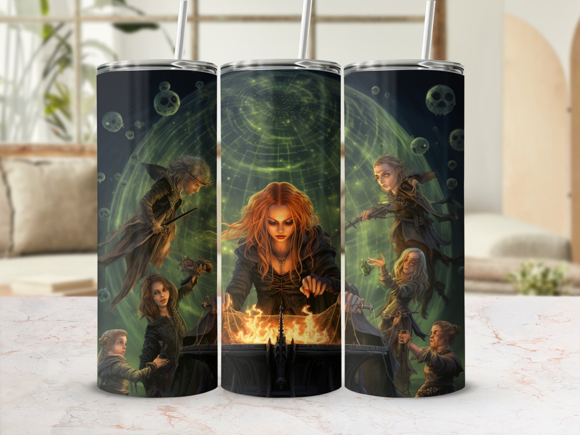 Trio of witches performing a ritual with a cauldron and glowing green orb.