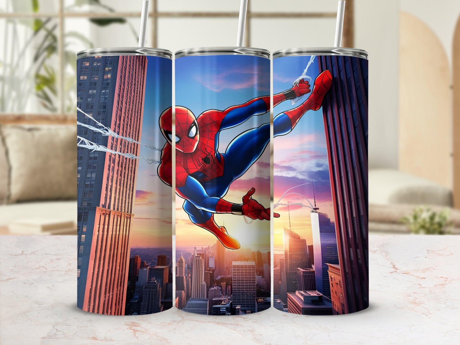 Spiderman swinging through a city skyline, on a sublimation tumbler.